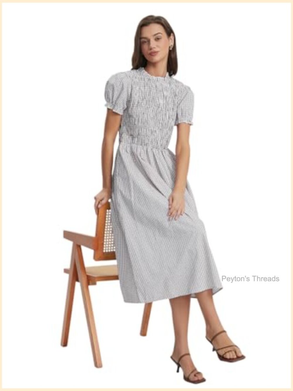 Summer Midi Dress Puff Short Sleeve Flowy Boho Beach Gingham Smocked Sundress - Picture 6 of 6